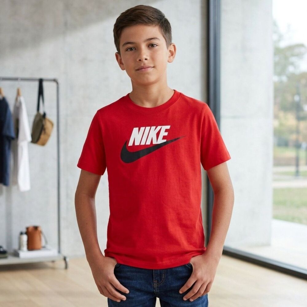 Nike Boys Size M Red Graphic Logo Swoosh T-Shirt Short Sleeve 100% Cotton Tee